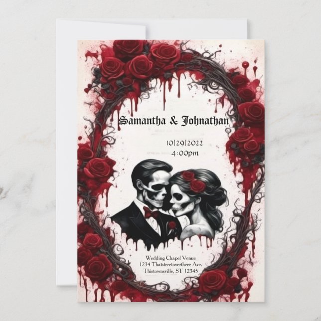 Zombie Couple Skulls and Roses Goth Wedding Invitation (Front)