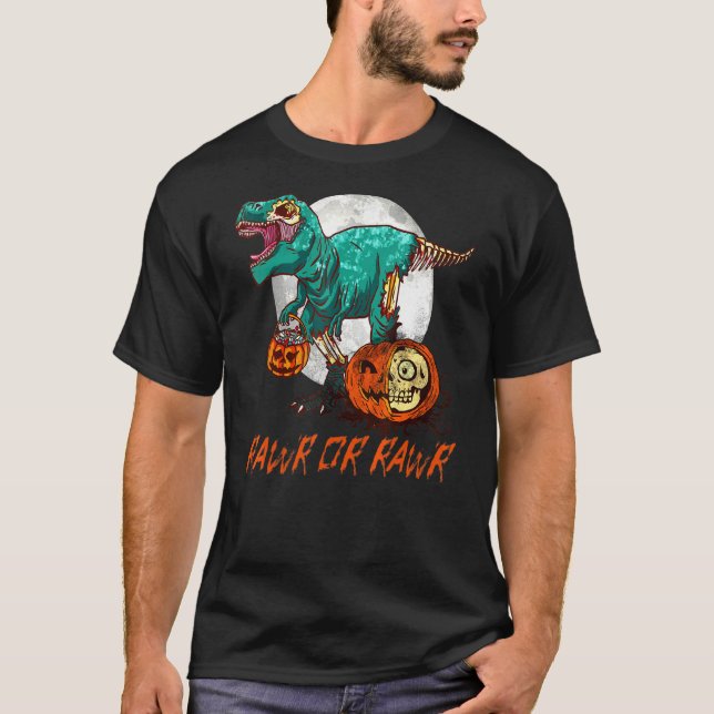 Zombie Dinosaur Halloween Pumpkin Moon T Rex Rawr  T-Shirt (Front)