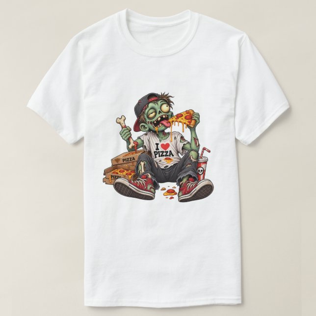 Zombie Eating Pizza Halloween T-Shirt (Design Front)