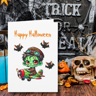 Zombie flying Aeroplane Bats Aviator Halloween Card
