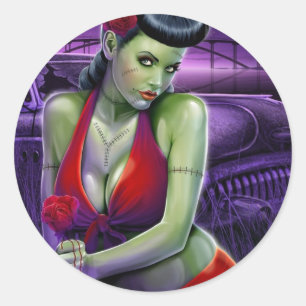 zombie girl love with rose vintage car classic round sticker