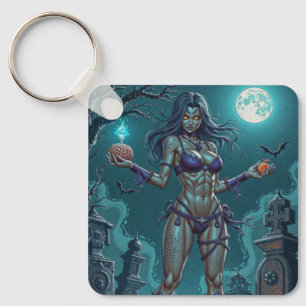 Zombie Girl Offers Halloween Treat or Brains Key Ring