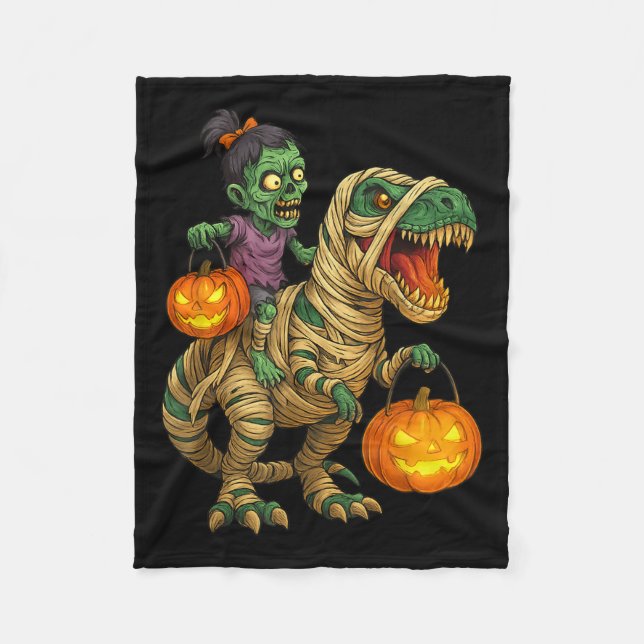 Zombie Girl Riding Mummy T Rex Halloween Kids Tric Fleece Blanket (Front)