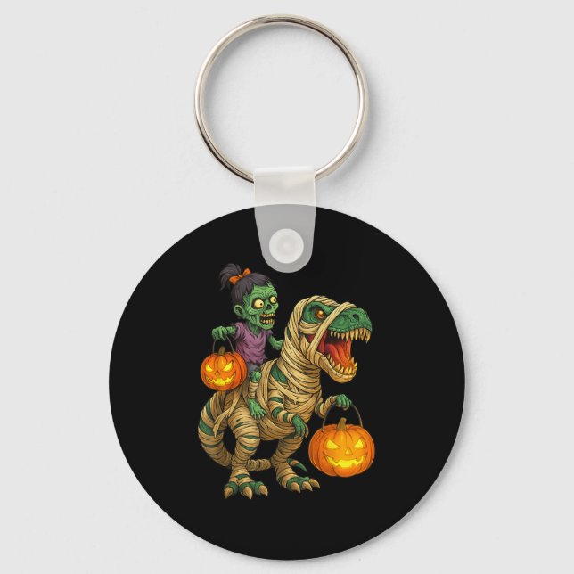 Zombie Girl Riding Mummy T Rex Halloween Kids Tric Key Ring (Front)