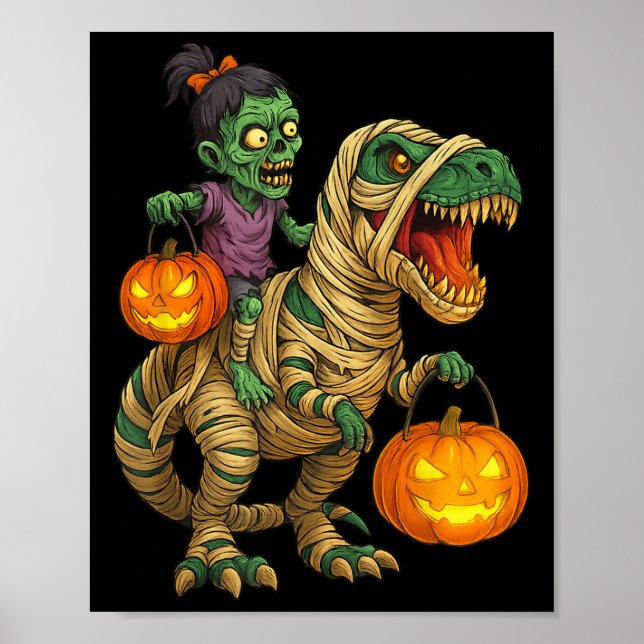Zombie Girl Riding Mummy T Rex Halloween Kids Tric Poster (Front)