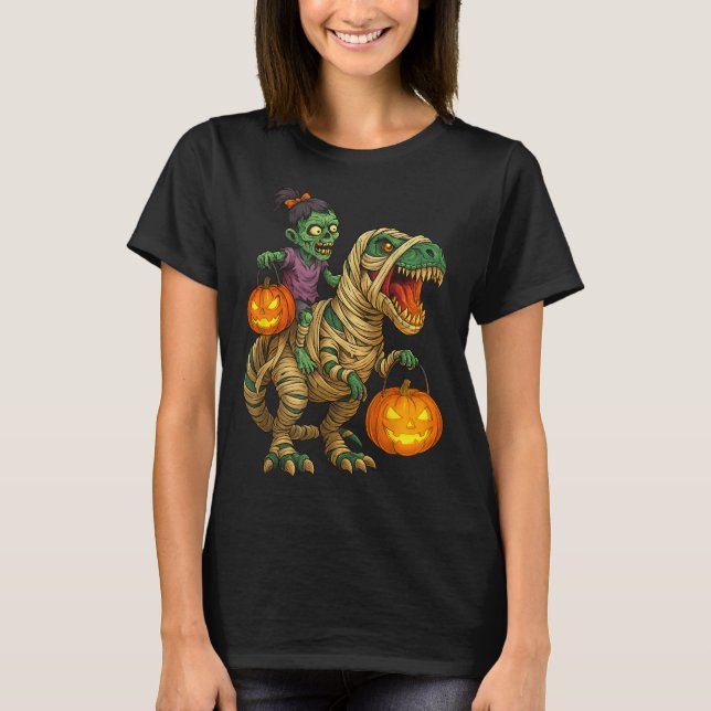 Zombie Girl Riding Mummy T Rex Halloween Kids Tric T-Shirt (Front)