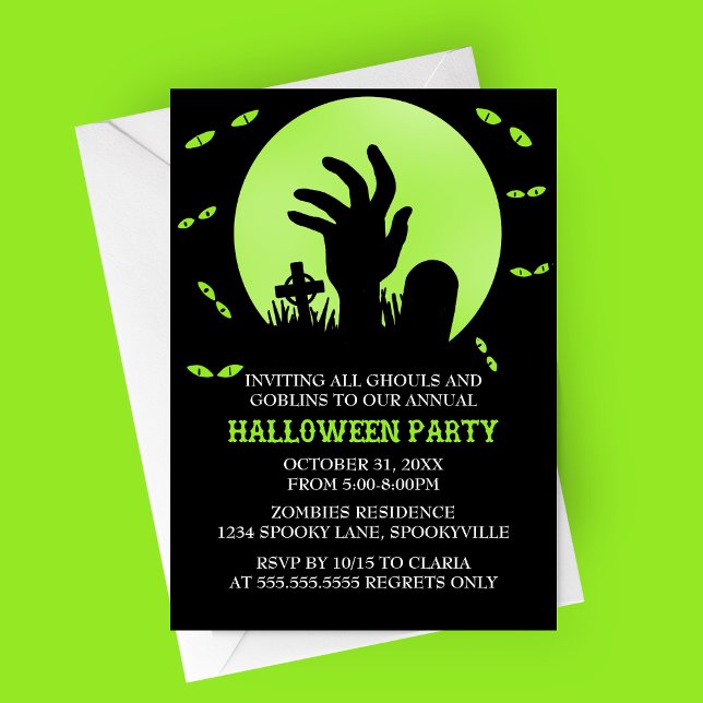 Zombie Halloween Party Invitation (Green Zombie Spooky Halloween Party Invitation | Graveyard with Haunted Eyes and Full Moon)
