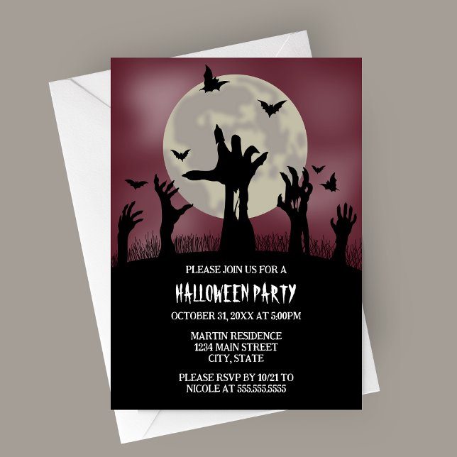 Zombie Hands Halloween Party Invitation (Zombie Hands Spooky Full Moon Halloween Party Invitation)