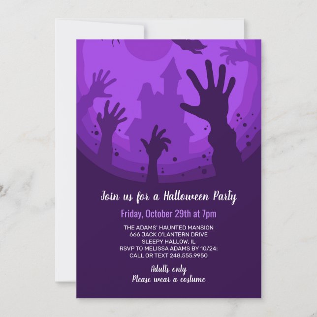 Zombie Hands Purple Castle Halloween Party Invitation (Front)