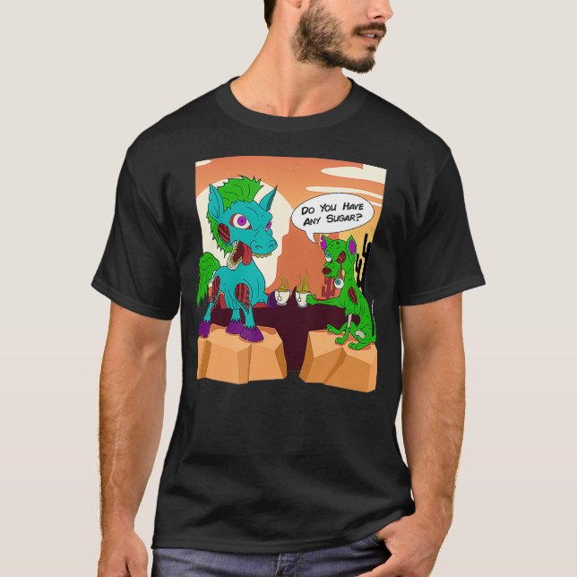 Zombie Horse Zombie Dog Sipping Tea in the Desert  T-Shirt (Front)
