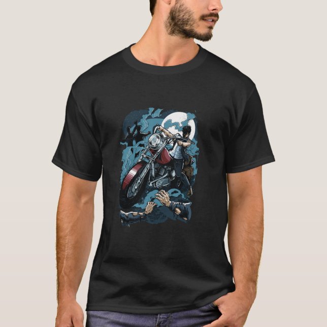 Zombie Hunter Biker Tee Funny Halloween Ghost Bike (Front)