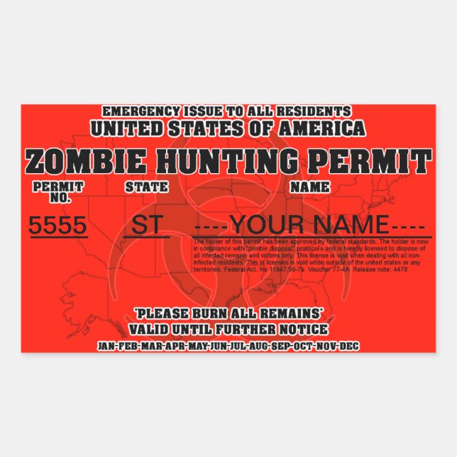 Zombie Hunting Permit Rectangular Sticker (Front)