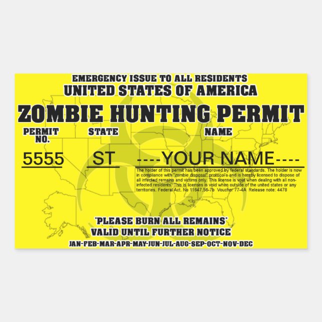 Zombie Hunting Permit Rectangular Sticker (Front)