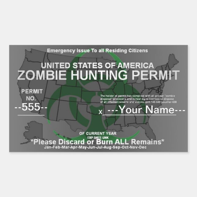 Zombie hunting permit template (Green on Grey) Rectangular Sticker (Front)