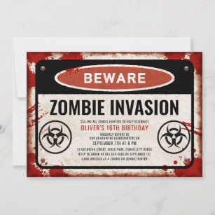 Zombie invasion party with rusty danger sign invitation