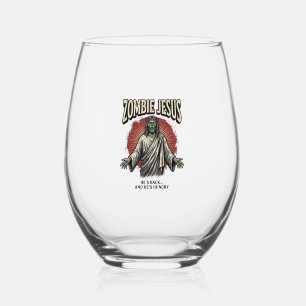 Zombie Jesus Vintage Engraving Funny Shirt Design_ Stemless Wine Glass