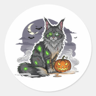 Zombie Maine Coon – Spooky Halloween Cat Classic Round Sticker