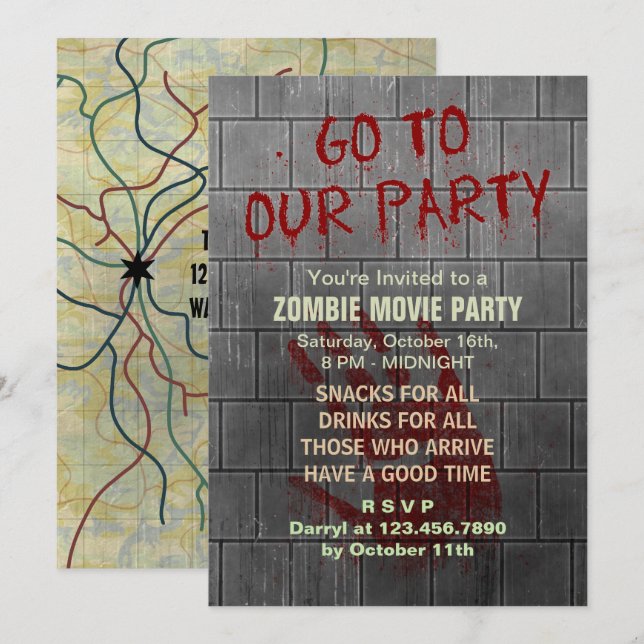 Zombie Movie Party Undead Apocalypse Bloody Wall Invitation (Front/Back)