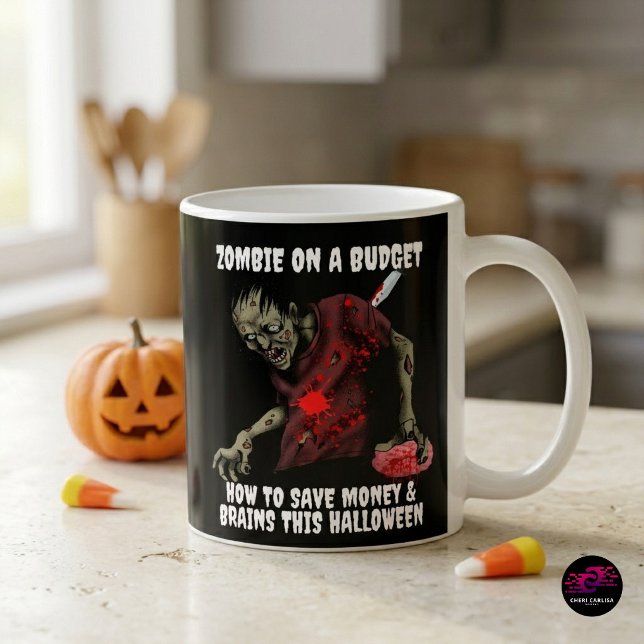 Zombie On A Budget Halloween Coffee Mug (Caffeine budget intact. Brain budget questionable. ☕🧟‍♂️)