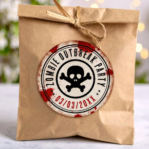 Zombie outbreak party with skull classic round sticker