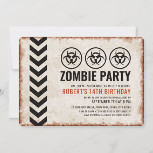 Zombie party invitation card with biohazard symbol