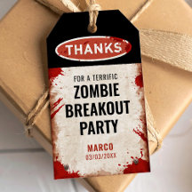 Zombie party thank you with a rusty sign and blood