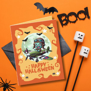 Zombie Pilot Flying Spitfire Aeroplane Bats Kids Holiday Card