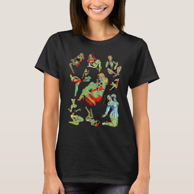 Zombie Pin Up Girl Halloween Sassy Cute Collage Ap T-Shirt (Front)