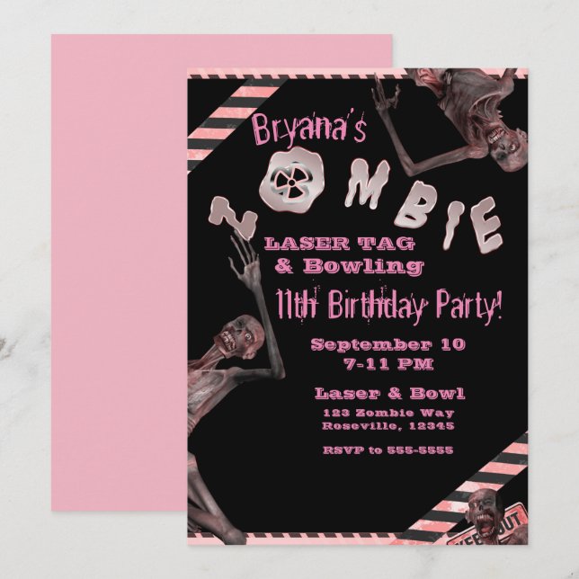 Zombie Pink & Black Girls Birthday Party Inviation Invitation (Front/Back)