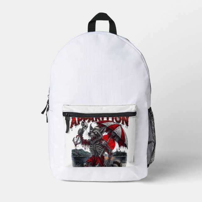Zombie Racoon holding Skull & Umbrella Macabre  Printed Backpack (Front)