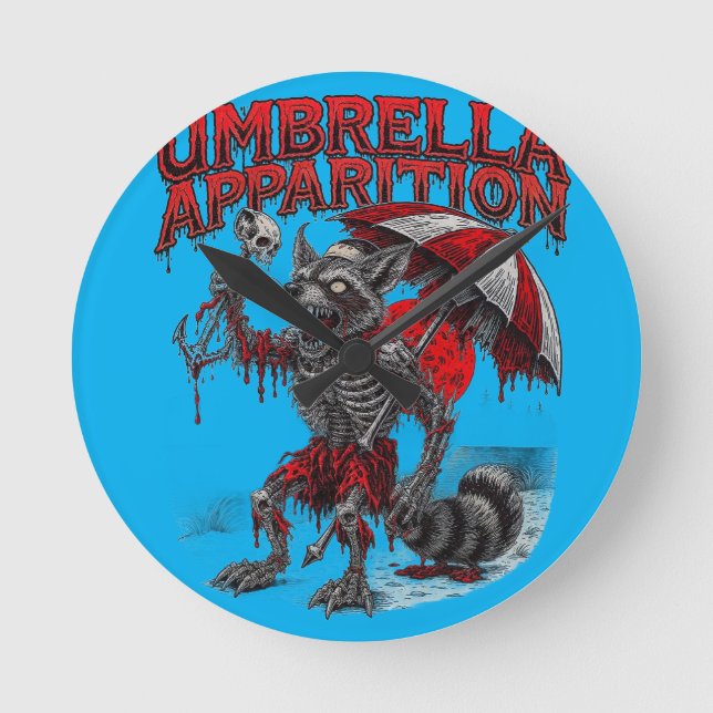 Zombie Racoon holding Skull & Umbrella Macabre  Round Clock (Front)