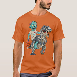 Zombie Riding Mummy Dinosaur T re Halloween Funny T-Shirt