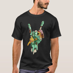 Zombie Rock Hand Holding Zombie Pizza Halloween T-Shirt