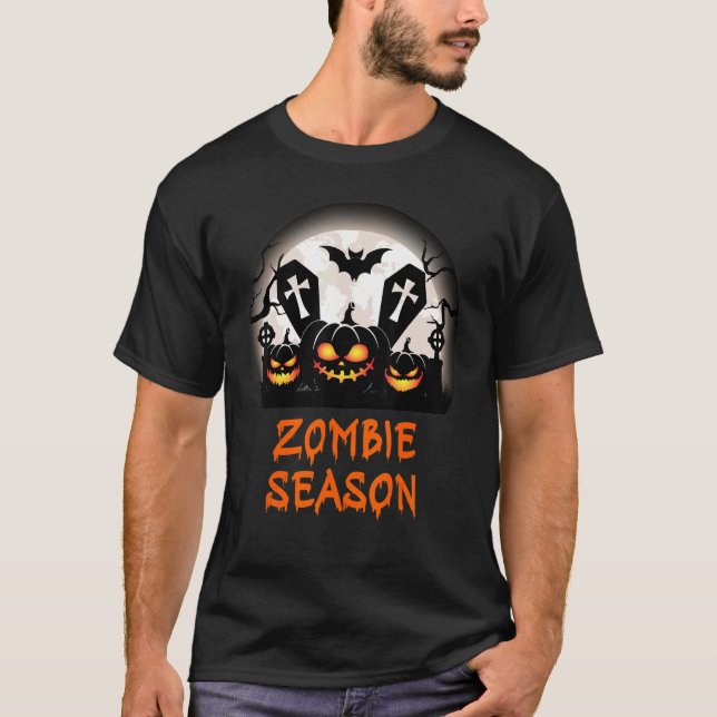 Zombie Season Scary Graveyard Coffins Pumpkins & B T-Shirt (Front)