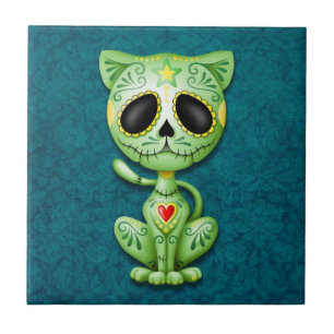 Zombie Sugar Kitten, green and blue Tile