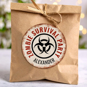 Zombie survival party with weathered background classic round sticker