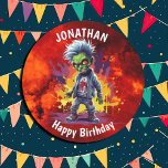 zombie-themed boy birhday round paper coaster<br><div class="desc">zombie-themed boy birhday Fiery Zombie personalised plates for a little boy. Click the "Customise it!" button to change the text size, text colour, font style and more! If this product has the option to transfer the design to another item, please make sure to adjust the design to fit if needed....</div>