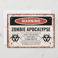 Zombie-themed party invite with warning sign