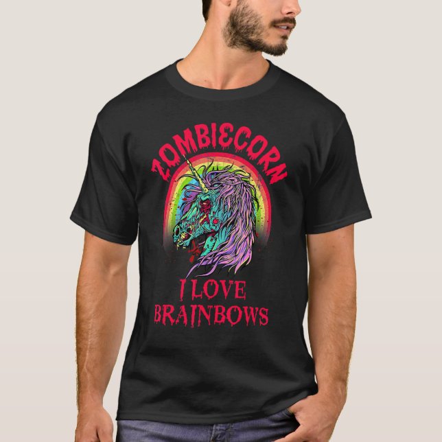 Zombie Unicorn I Love Brainbows  Gothic Goth Theme T-Shirt (Front)