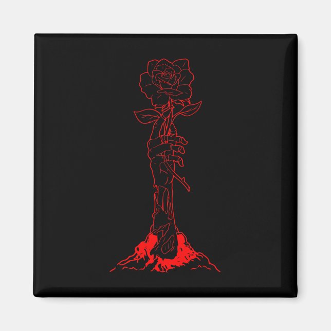 Zombiecore Aesthetic Zombie Hand Red Rose Skeleton Magnet (Front)
