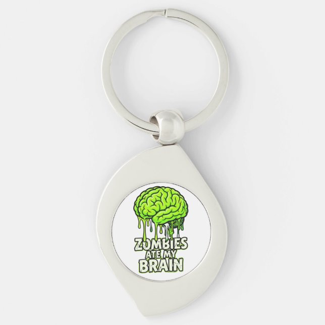 Zombies Ate My Brain" Funny Halloween Key Ring (Front)