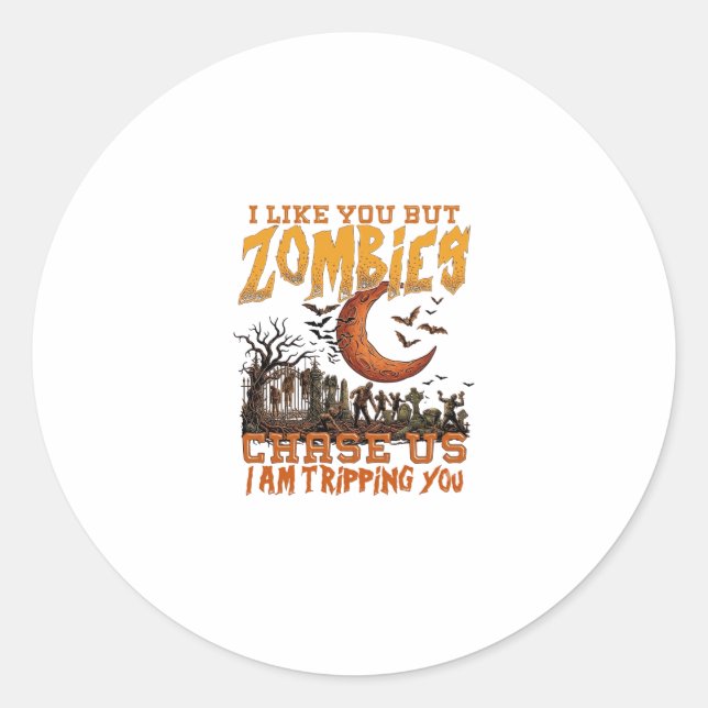 Zombies Chase Us Halloween Graveyard Crescent Moon Classic Round Sticker (Front)