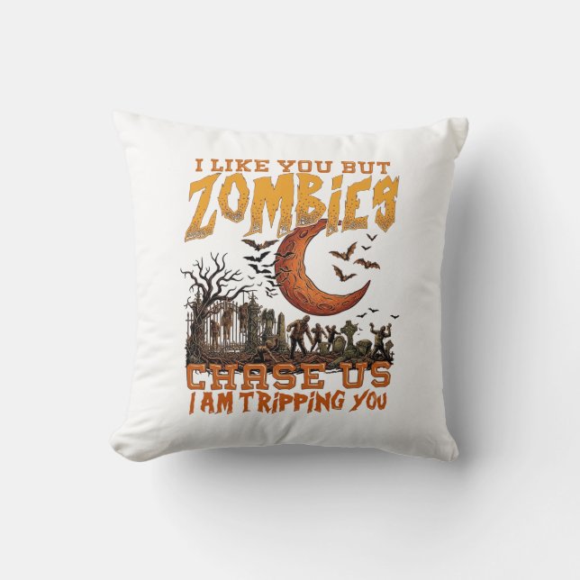 Zombies Chase Us Halloween Graveyard Crescent Moon Cushion (Front)
