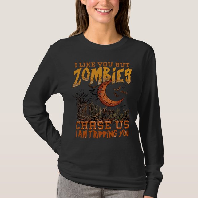 Zombies Chase Us Halloween Graveyard Crescent Moon T-Shirt (Front)
