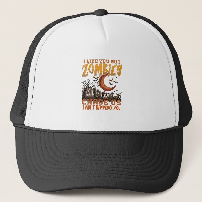 Zombies Chase Us Halloween Graveyard Crescent Moon Trucker Hat (Front)