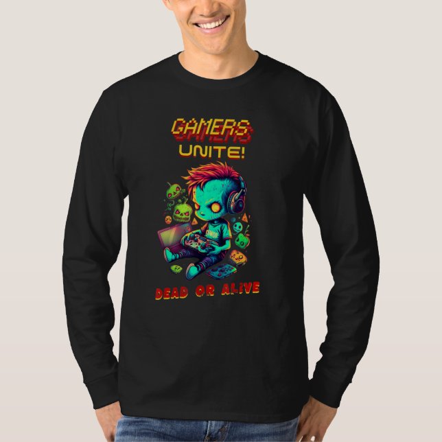 Zombies Gamers Unite Arcade Game Virtual Player Te T-Shirt (Front)