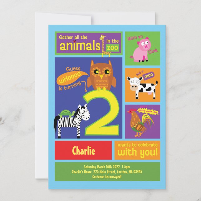Zoo 2nd Birthday Party Invitations for 2 year old (Front)
