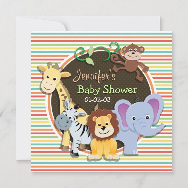Zoo Animals Baby Shower, Bright Rainbow Stripes Invitation (Front)