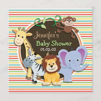 Zoo Animals Baby Shower, Bright Rainbow Stripes Invitation
