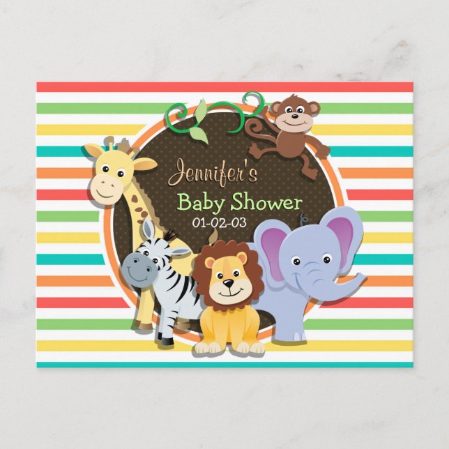 Zoo Animals Baby Shower, Bright Rainbow Stripes Invitation Postcard (Front)